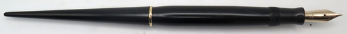 Comes with Parker Duofold Jr desk fountain pen in black with gold filled trim. Nib is Fine. Button filler.